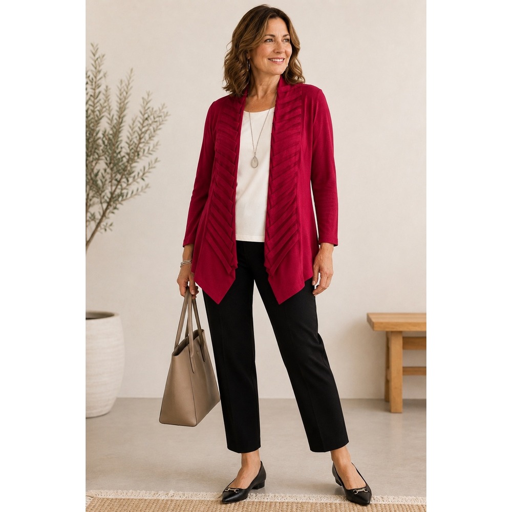 Chicos Travelers Womens S Red Open Front Ruffle Cardigan Pleated Sharkbite Hem